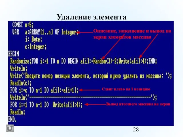 Удаление элемента Описание, заполнение и вывод на экран элементов массива Сдвиг влево