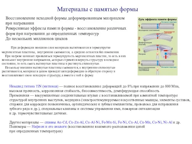 Материалы с памятью формы Восстановление исходной формы деформированным материалом при нагревании Реверсивные