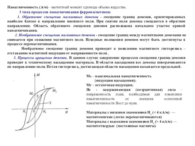 Намагниченность (А/м) - магнитный момент единицы объема вещества. 3 типа процессов намагничивания