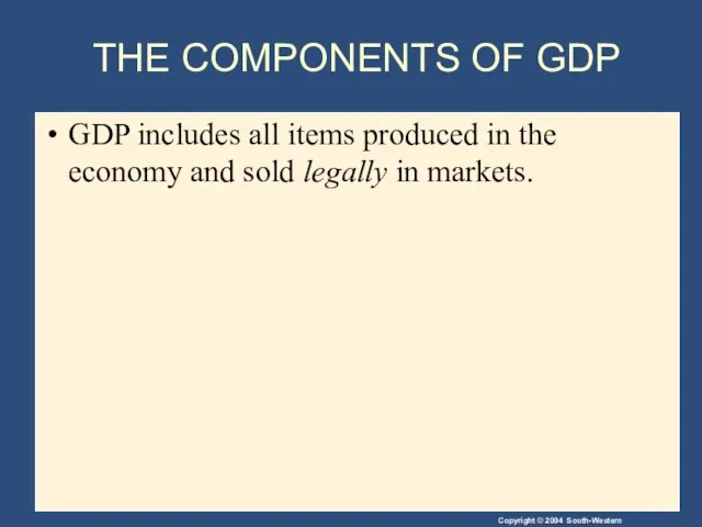 THE COMPONENTS OF GDP GDP includes all items produced in the economy