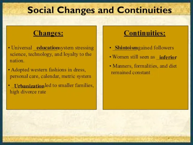 Social Changes and Continuities Universal _________ system stressing science, technology, and loyalty