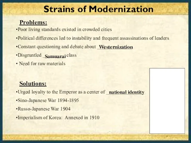 Strains of Modernization Poor living standards existed in crowded cities Political differences
