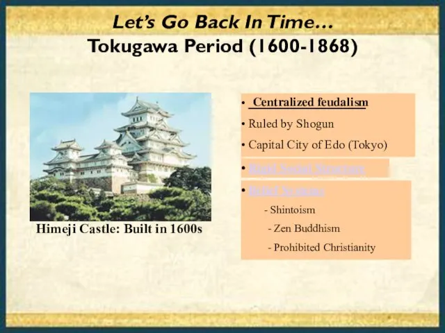 Let’s Go Back In Time… Tokugawa Period (1600-1868) ___________________ Ruled by Shogun
