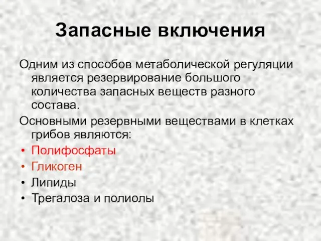 Запасные включения Одним из способов метаболической регуляции является резервирование большого количества запасных