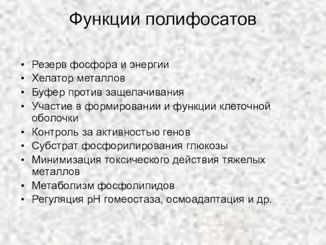 Функции полифосатов Резерв фосфора и энергии Хелатор металлов Буфер против защелачивания Участие