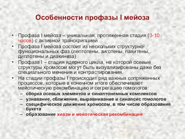 Особенности профазы I мейоза Профаза I мейоза – уникальная, протяженная стадия (3-10