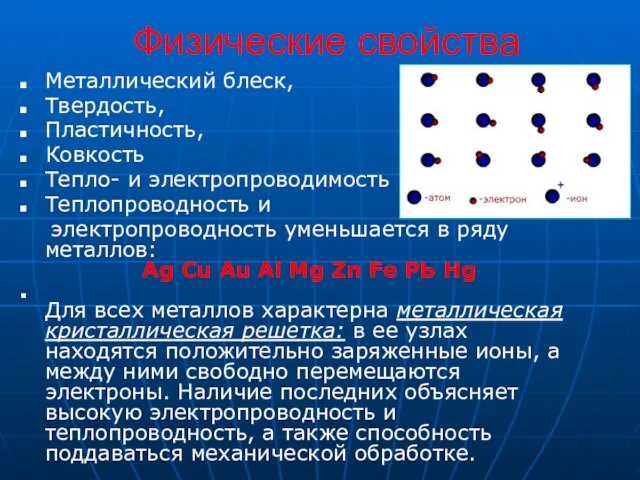 Физические свойства Металлический блеск, Твердость, Пластичность, Ковкость Тепло- и электропроводимость Теплопроводность и