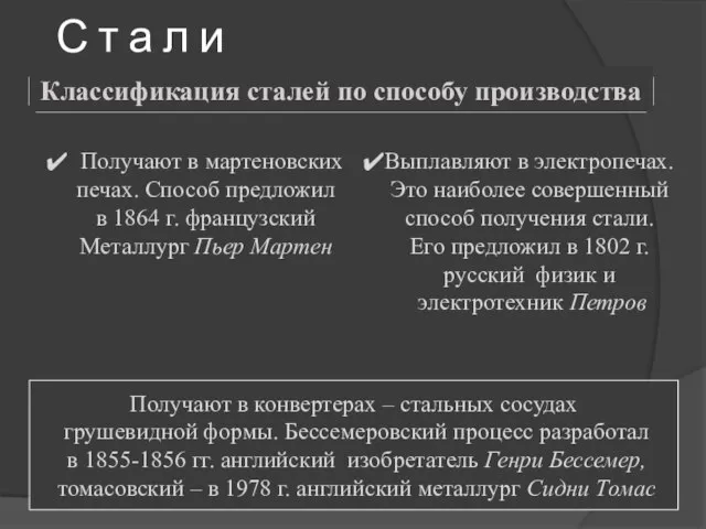 С т а л и Классификация сталей по способу производства Получают в