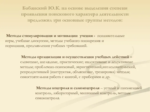 Бабанский Ю.К. на основе выделения степени проявления поискового характера деятельности предложил три