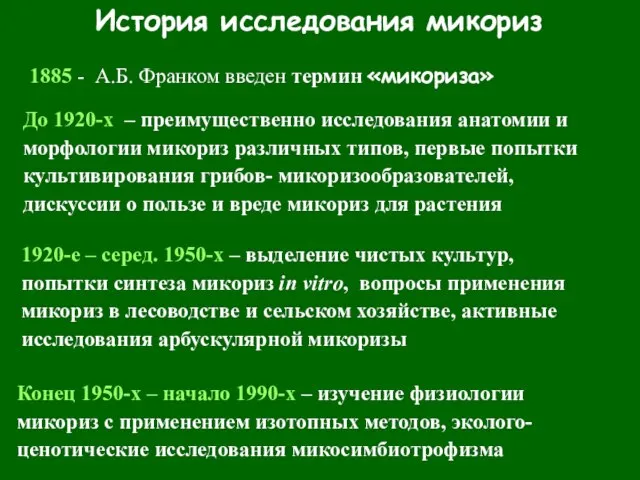 История исследования микориз 1885 - А.Б. Франком введен термин «микориза» До 1920-х