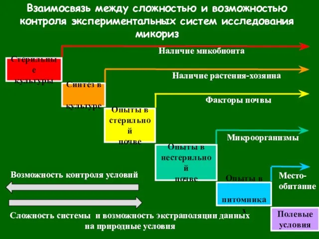 Взаимосвязь между сложностью и возможностью контроля экспериментальных систем исследования микориз Возможность контроля