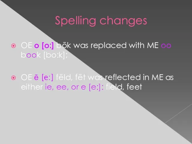 Spelling changes OE o [o:] bōk was replaced with ME oo book