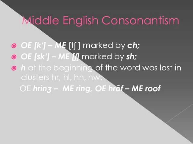 Middle English Consonantism OE [k‘] – ME [tʃ ] marked by ch;