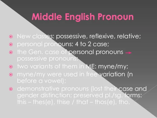 Middle English Pronoun New classes: possessive, reflexive, relative; personal pronouns: 4 to