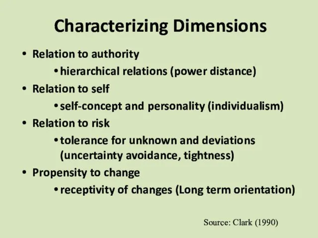 Characterizing Dimensions Relation to authority hierarchical relations (power distance) Relation to self