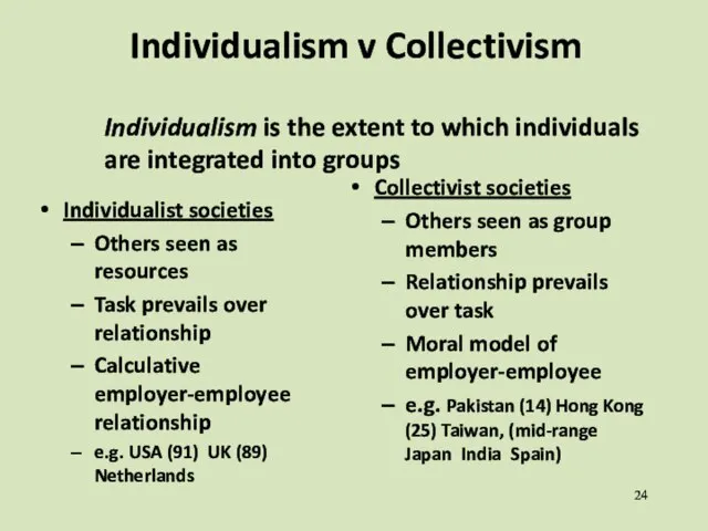 Individualism v Collectivism Individualism is the extent to which individuals are integrated