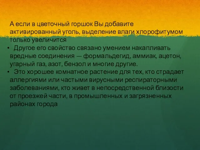 А если в цветочный горшок Вы добавите активированный уголь, выделение влаги хлорофитумом