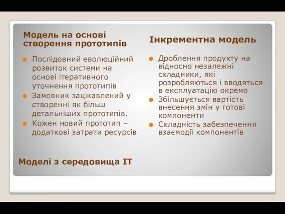 Моделі з середовища ІТ Модель на основі створення прототипів Інкрементна модель Послідовний