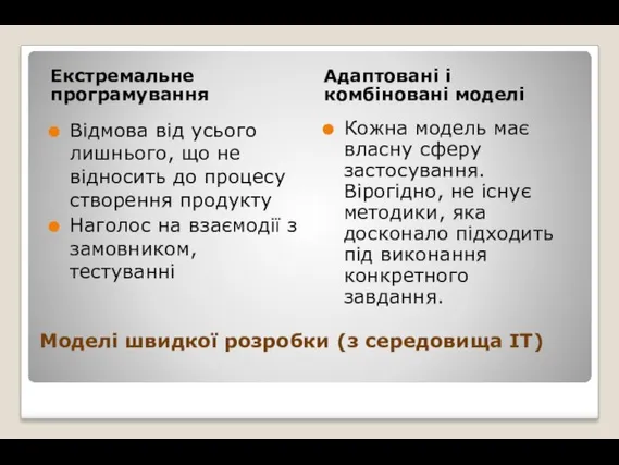 Моделі швидкої розробки (з середовища ІТ) Екстремальне програмування Адаптовані і комбіновані моделі