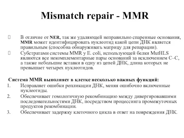Mismatch repair - MMR В отличие от NER, так же удаляющей неправильно