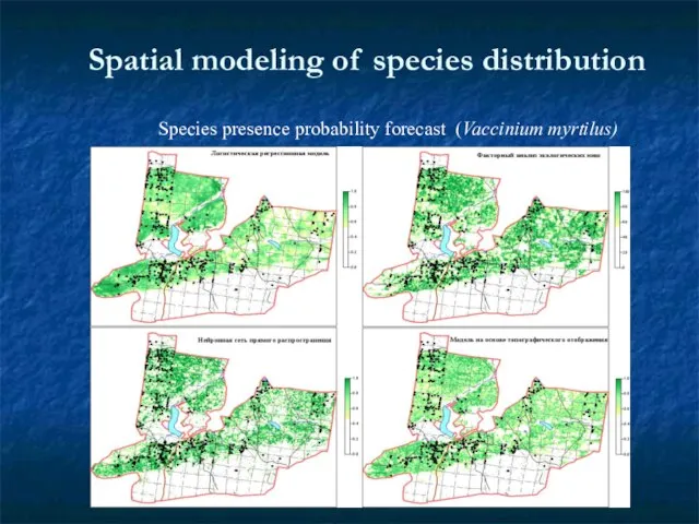 Species presence probability forecast (Vaccinium myrtilus) Spatial modeling of species distribution