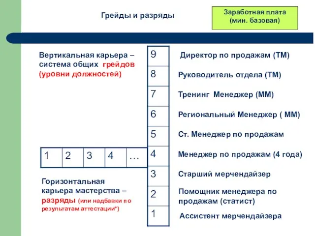 Заработная плата (мин. базовая) Вертикальная карьера – система общих грейдов (уровни должностей)