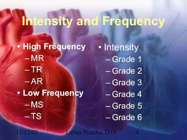 11/12/02 Lubna Piracha, D.O. Intensity and Frequency High Frequency MR TR AR