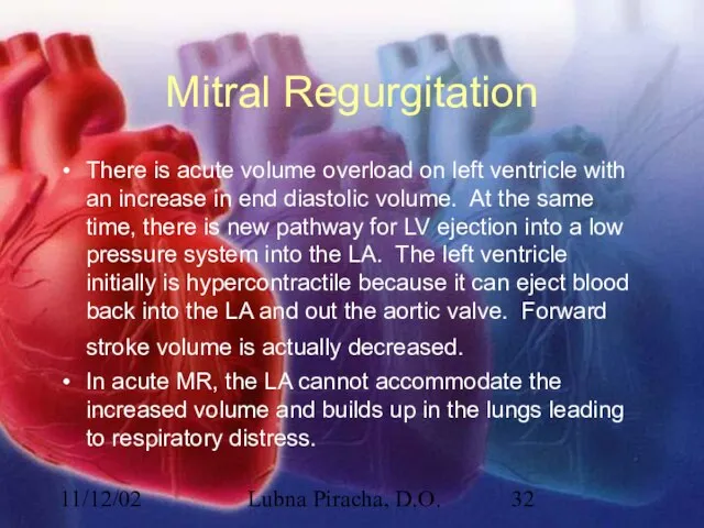 11/12/02 Lubna Piracha, D.O. Mitral Regurgitation There is acute volume overload on