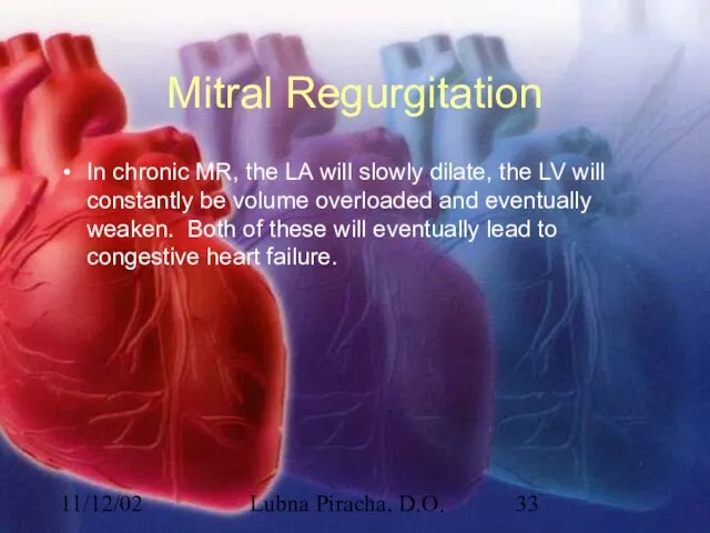 11/12/02 Lubna Piracha, D.O. Mitral Regurgitation In chronic MR, the LA will