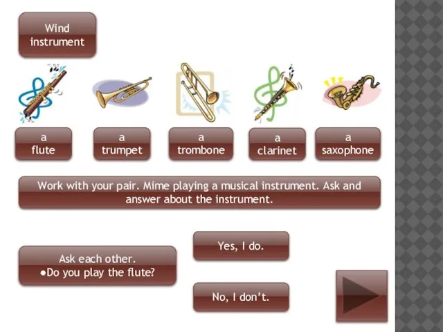 Wind instrument a flute a trumpet a trombone a clarinet a saxophone