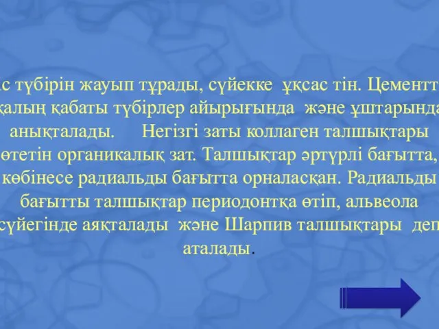 Тіс түбірін жауып тұрады, сүйекке ұқсас тін. Цементтің қалың қабаты түбірлер айырығында