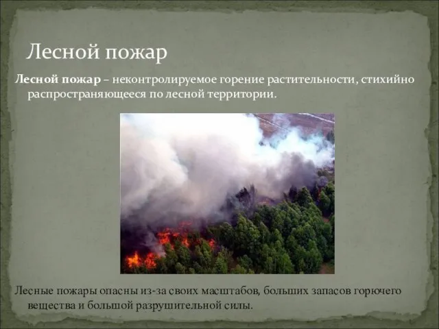 Лесной пожар – неконтролируемое горение растительности, стихийно распространяющееся по лесной территории. Лесной