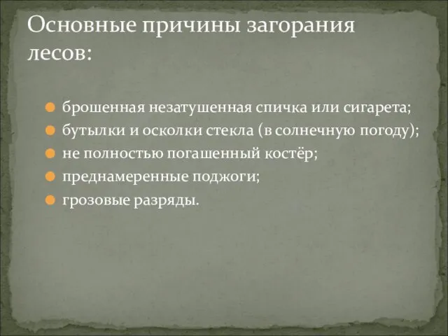 брошенная незатушенная спичка или сигарета; бутылки и осколки стекла (в солнечную погоду);