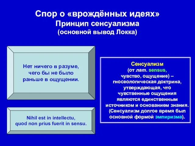 Спор о «врождённых идеях» Принцип сенсуализма (основной вывод Локка) Нет ничего в