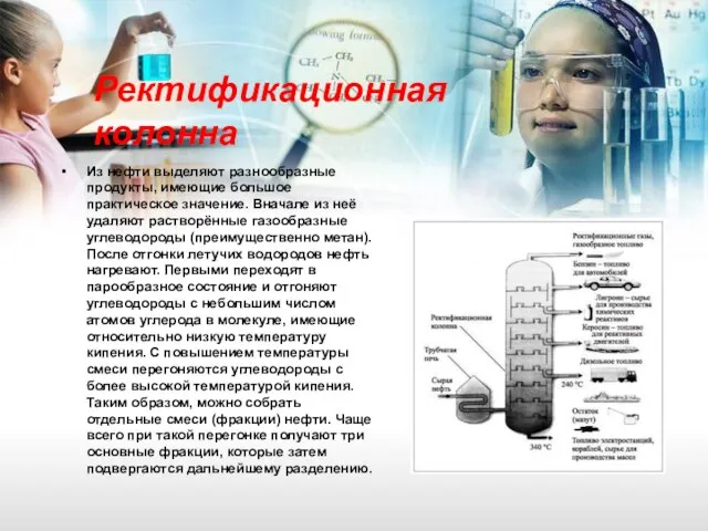 Ректификационная колонна Из нефти выделяют разнообразные продукты, имеющие большое практическое значение. Вначале