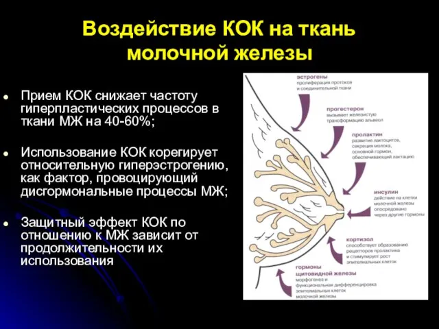 Воздействие КОК на ткань молочной железы Прием КОК снижает частоту гиперпластических процессов