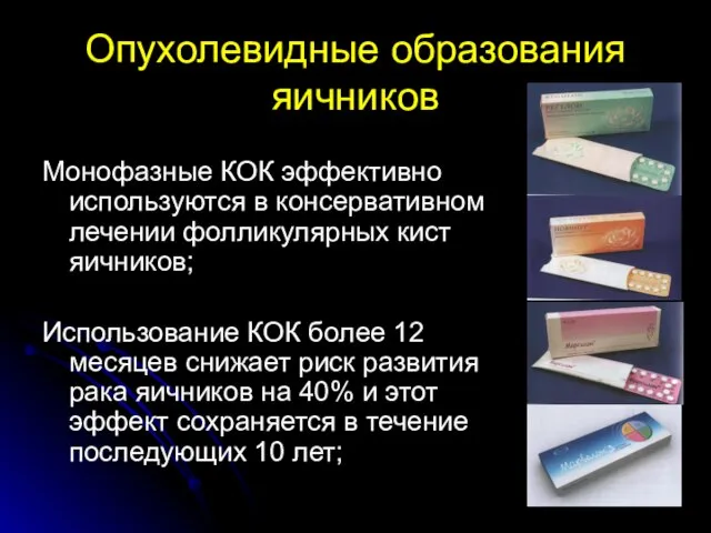 Опухолевидные образования яичников Монофазные КОК эффективно используются в консервативном лечении фолликулярных кист