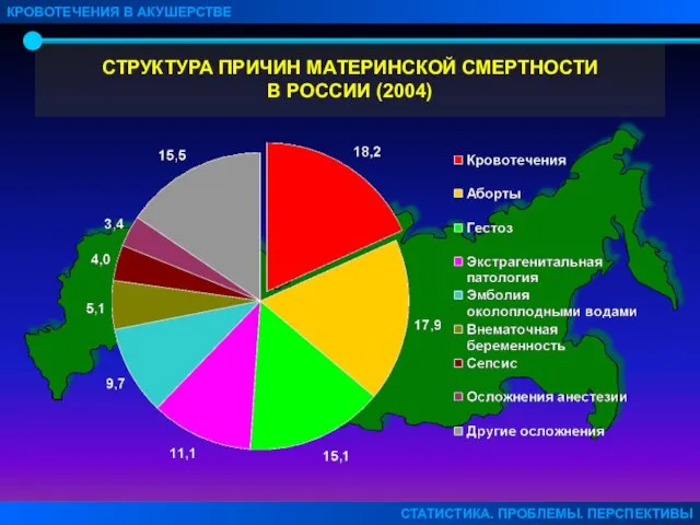 СТРУКТУРА ПРИЧИН МАТЕРИНСКОЙ СМЕРТНОСТИ В РОССИИ (2004) КРОВОТЕЧЕНИЯ В АКУШЕРСТВЕ СТАТИСТИКА. ПРОБЛЕМЫ. ПЕРСПЕКТИВЫ