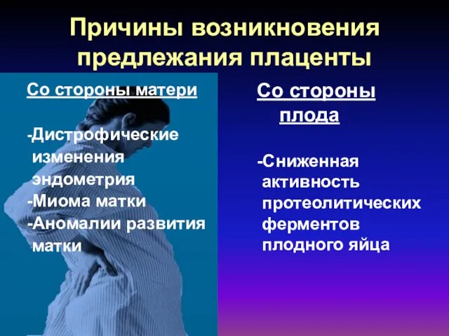 Причины возникновения предлежания плаценты Со стороны матери -Дистрофические изменения эндометрия -Миома матки