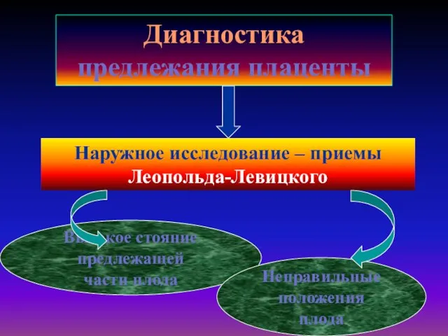 Диагностика предлежания плаценты Наружное исследование – приемы Леопольда-Левицкого Высокое стояние предлежащей части плода Неправильные положения плода