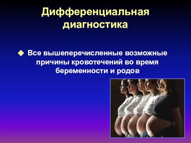 Дифференциальная диагностика Все вышеперечисленные возможные причины кровотечений во время беременности и родов