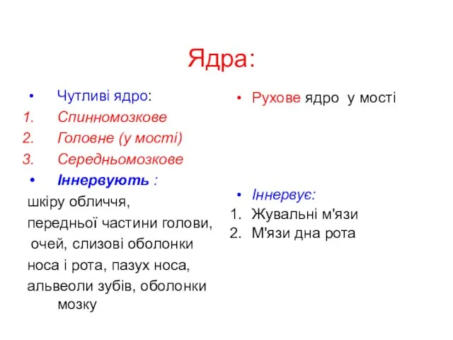 Ядра: Чутливі ядро: Спинномозкове Головне (у мості) Середньомозкове Іннервують : шкіру обличчя,