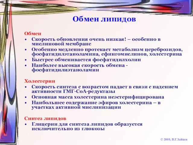 Обмен липидов © 2008, В.Г.Зайцев Обмен Скорость обновления очень низкая! – особенно