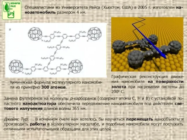 Специалистами из Университета Райса (Хьюстон, США) в 2005 г. изготовлен на-ноавтомобиль размером