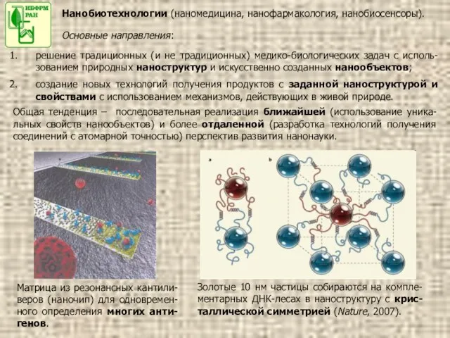 Нанобиотехнологии (наномедицина, нанофармакология, нанобиосенсоры). Основные направления: решение традиционных (и не традиционных) медико-биологических