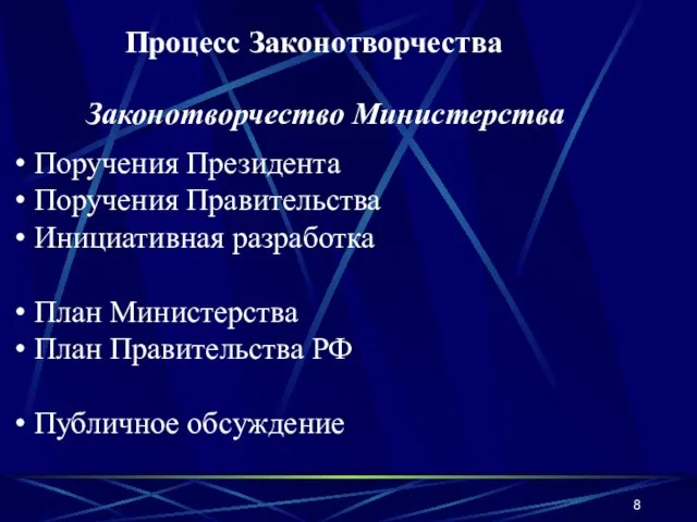 Процесс Законотворчества Поручения Президента Поручения Правительства Инициативная разработка План Министерства План Правительства