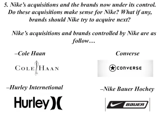 5. Nike’s acquisitions and the brands now under its control. Do these