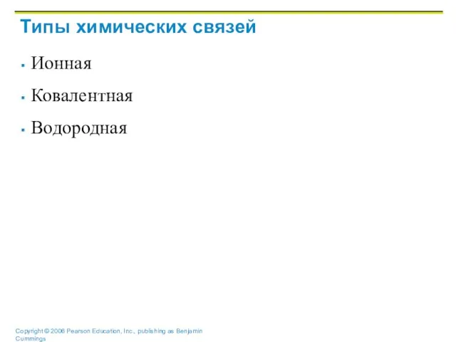 Tипы химических связей Ионная Ковалентная Водородная