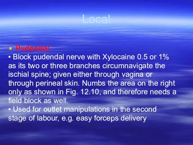 Local Pudendal • Block pudendal nerve with Xylocaine 0.5 or 1% as