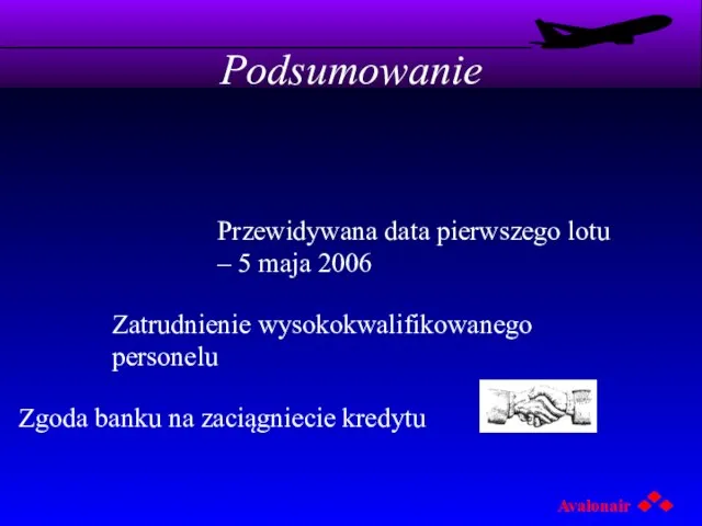 Podsumowanie Zgoda banku na zaciągniecie kredytu Przewidywana data pierwszego lotu – 5